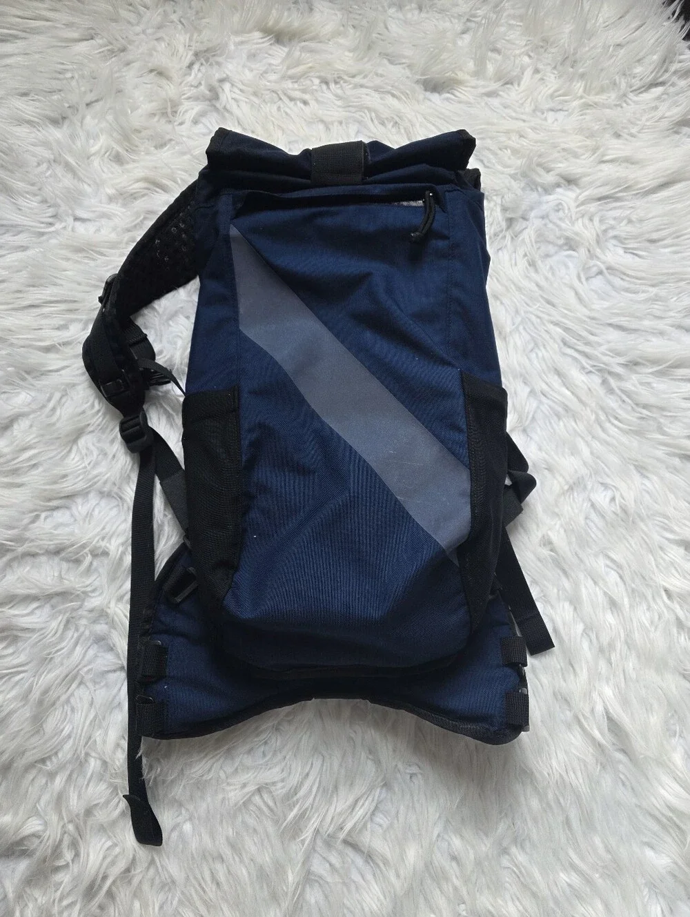 Navy Blue Roll-Top Sling Backpack with Reflective Diagonal Stripe